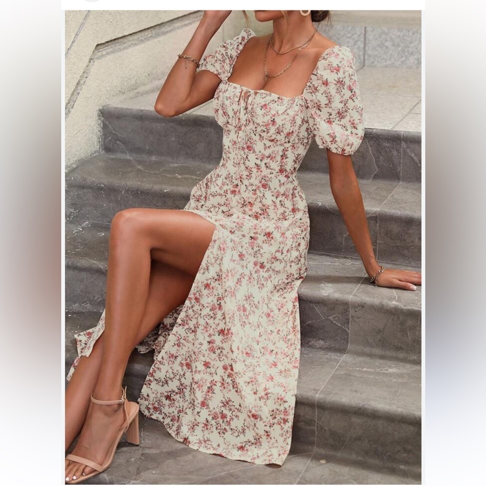 Breezaya Allover Floral Print Knot Front Split Thigh Dress